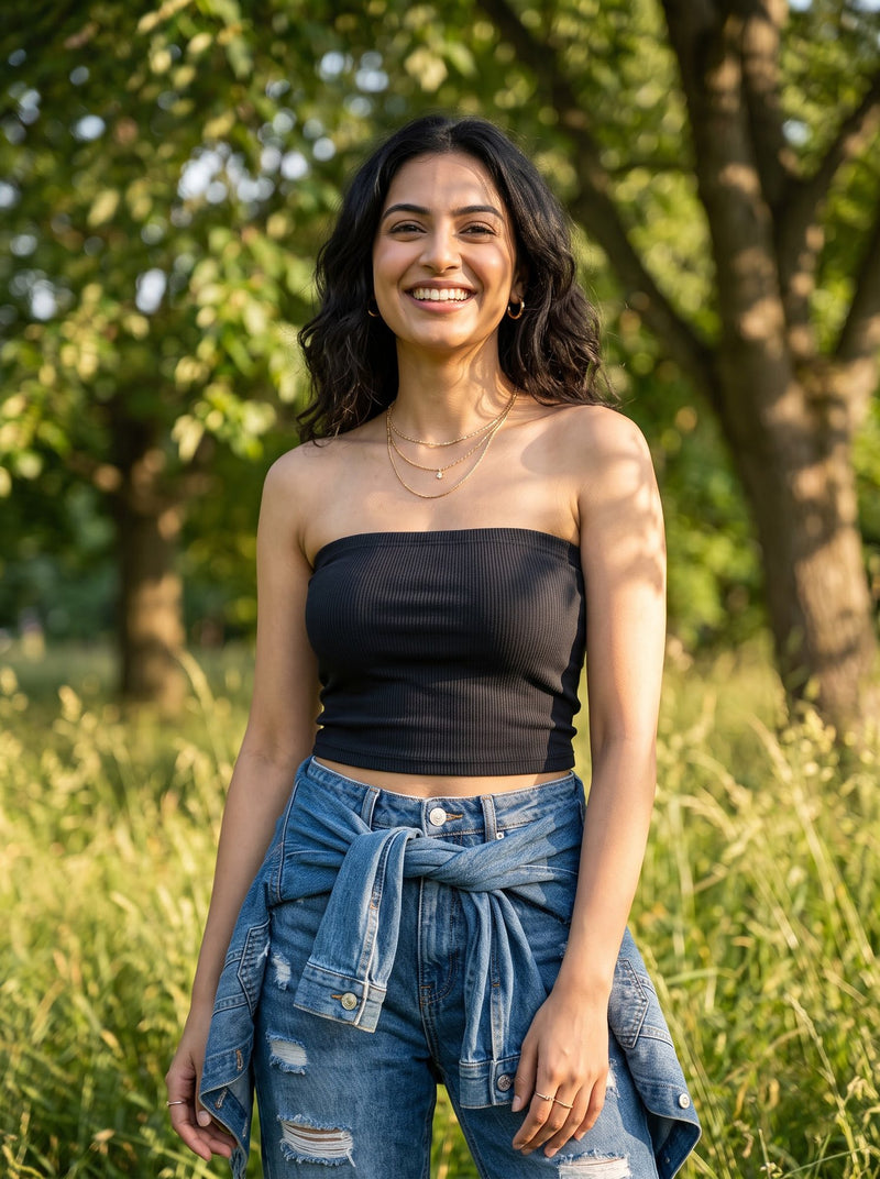 Ribbed Bandeau Tube Top — Black