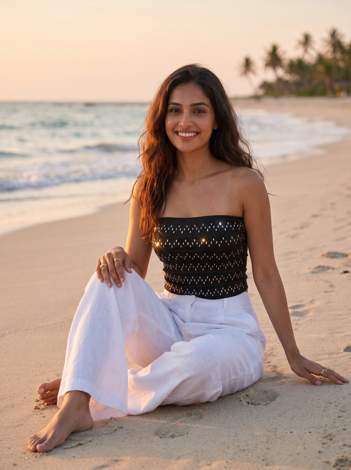 Metallic Smocked Bandeau — Black