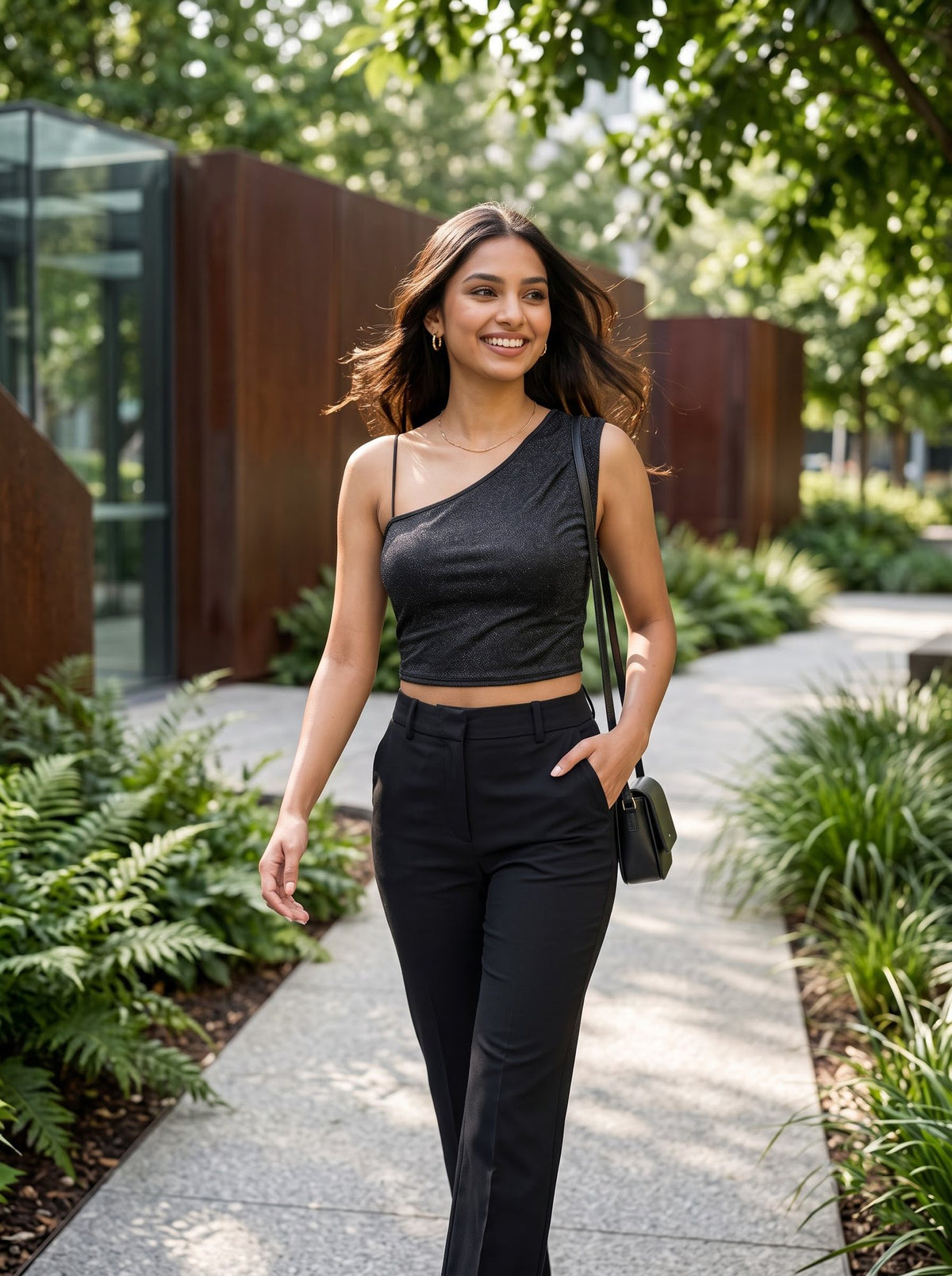 One-Shoulder Crop Top — Charcoal
