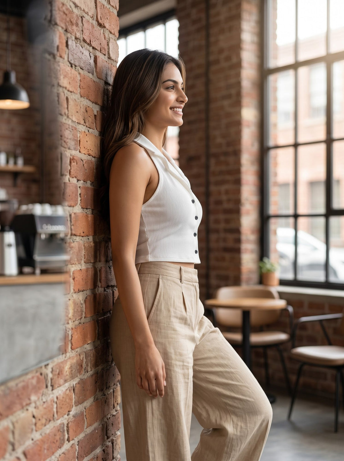 Ribbed Button-Front Polo Top — White