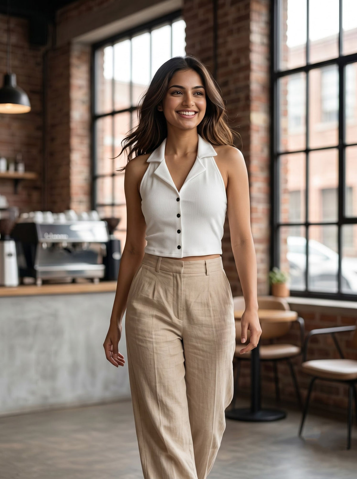 Ribbed Button-Front Polo Top — White