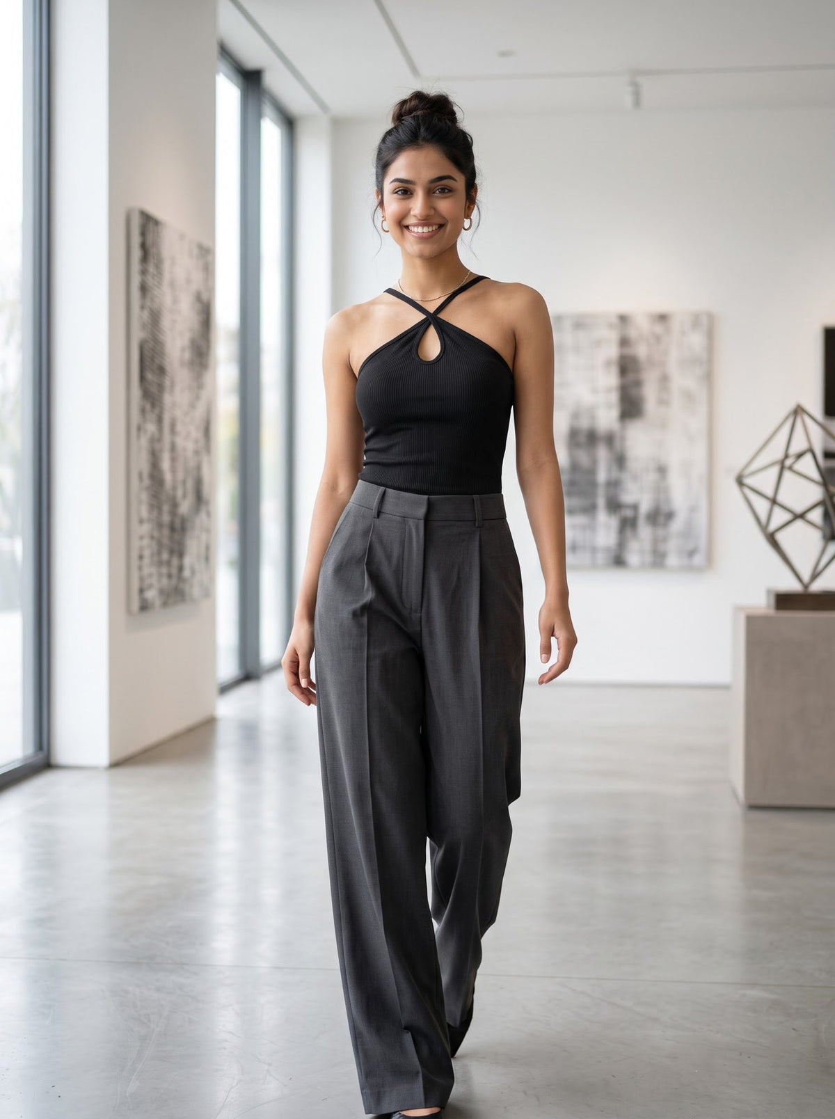 Ribbed Cross-Halter Top — Black
