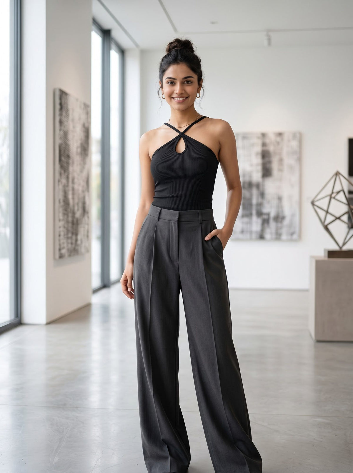 Ribbed Cross-Halter Top — Black