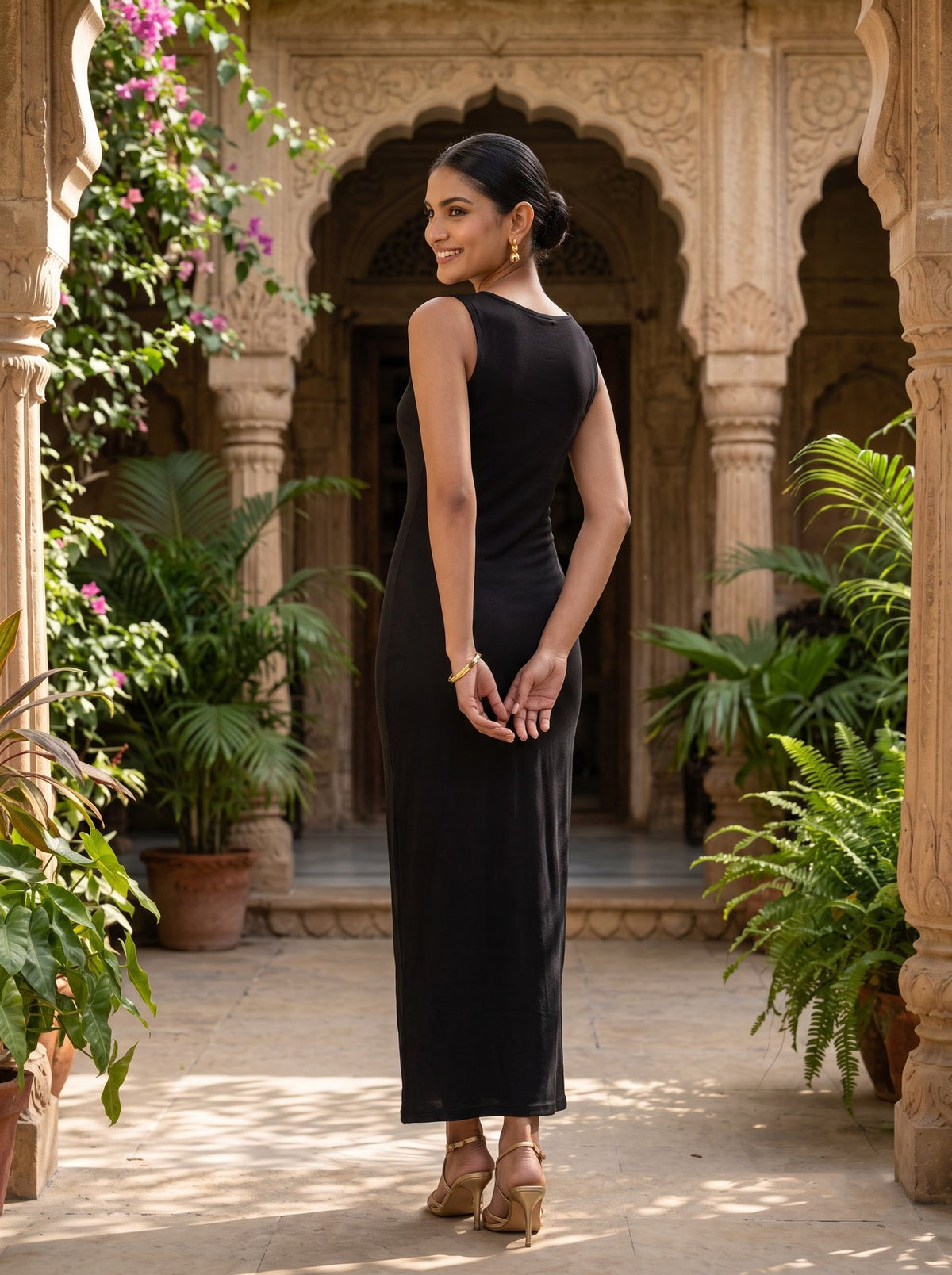 Bronze Rhinestone Column Maxi — Black