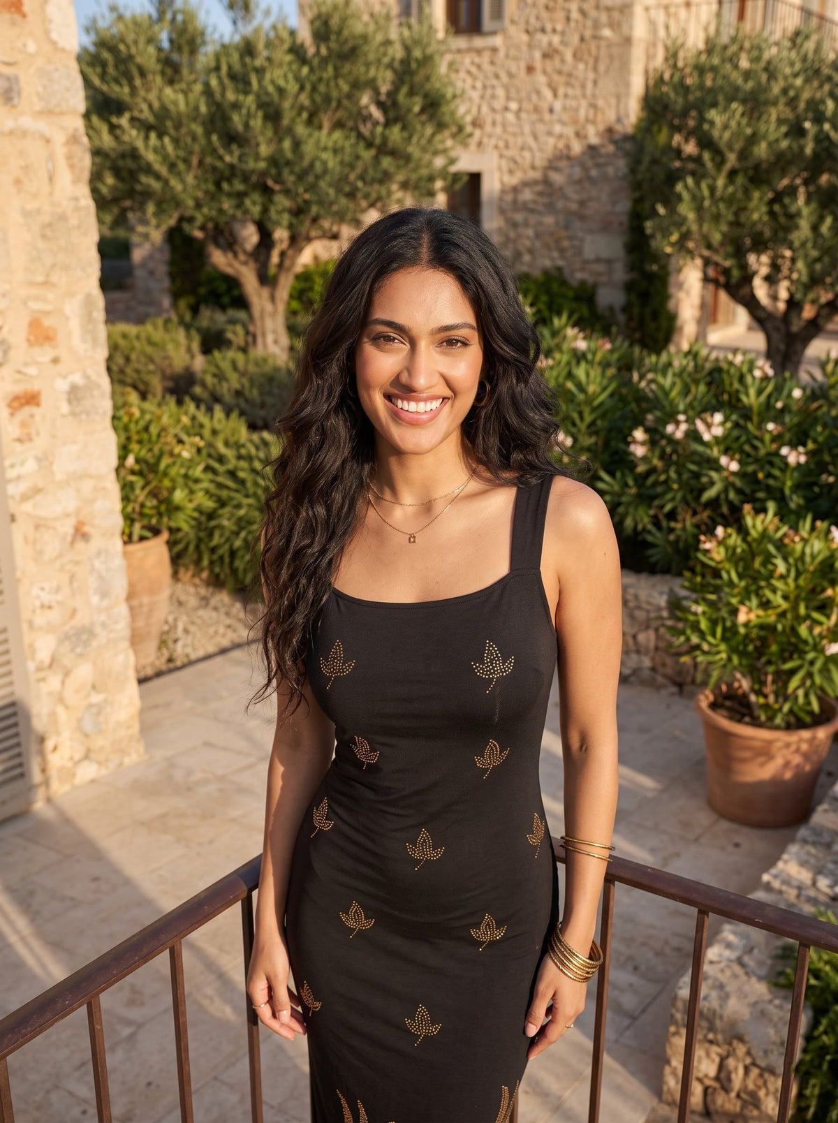 Gold Motif Bodycon Maxi — Black
