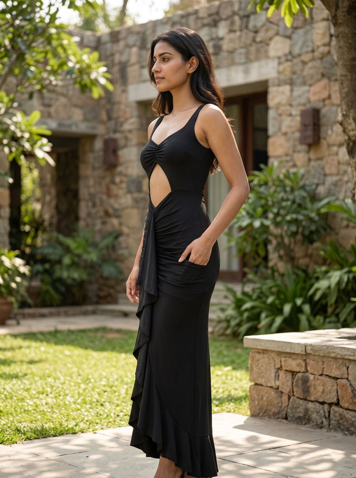 Saree Drape Cut-Out Maxi — Black