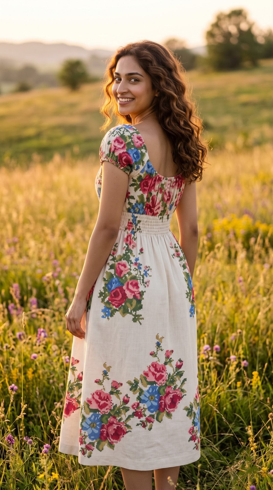 Floral Border Puff-Sleeve Midi Dress — Cream