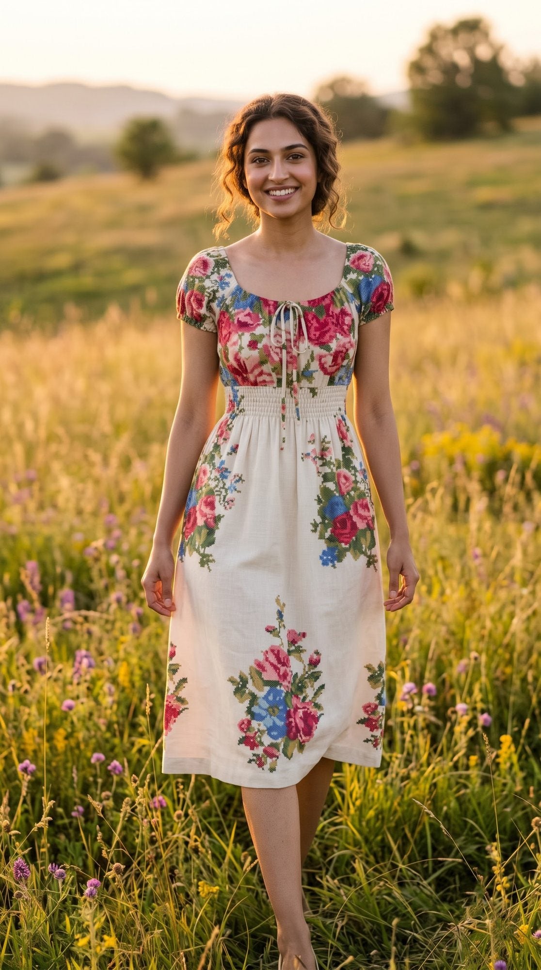 Floral Border Puff-Sleeve Midi Dress — Cream