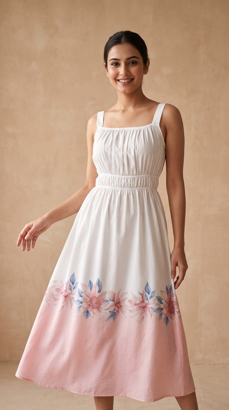 Pink Floral Border Strappy Midi Dress