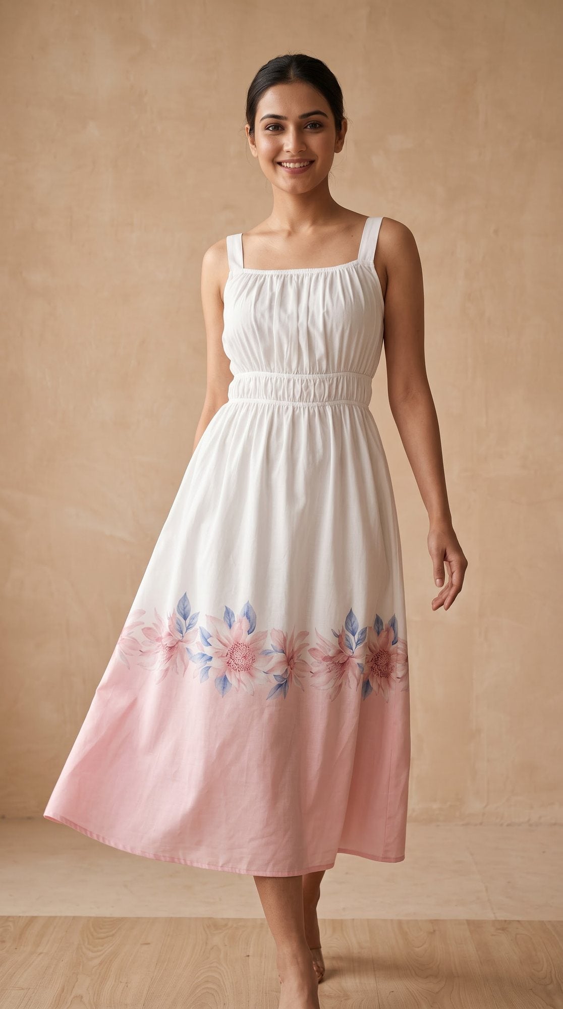 Pink Floral Border Strappy Midi Dress
