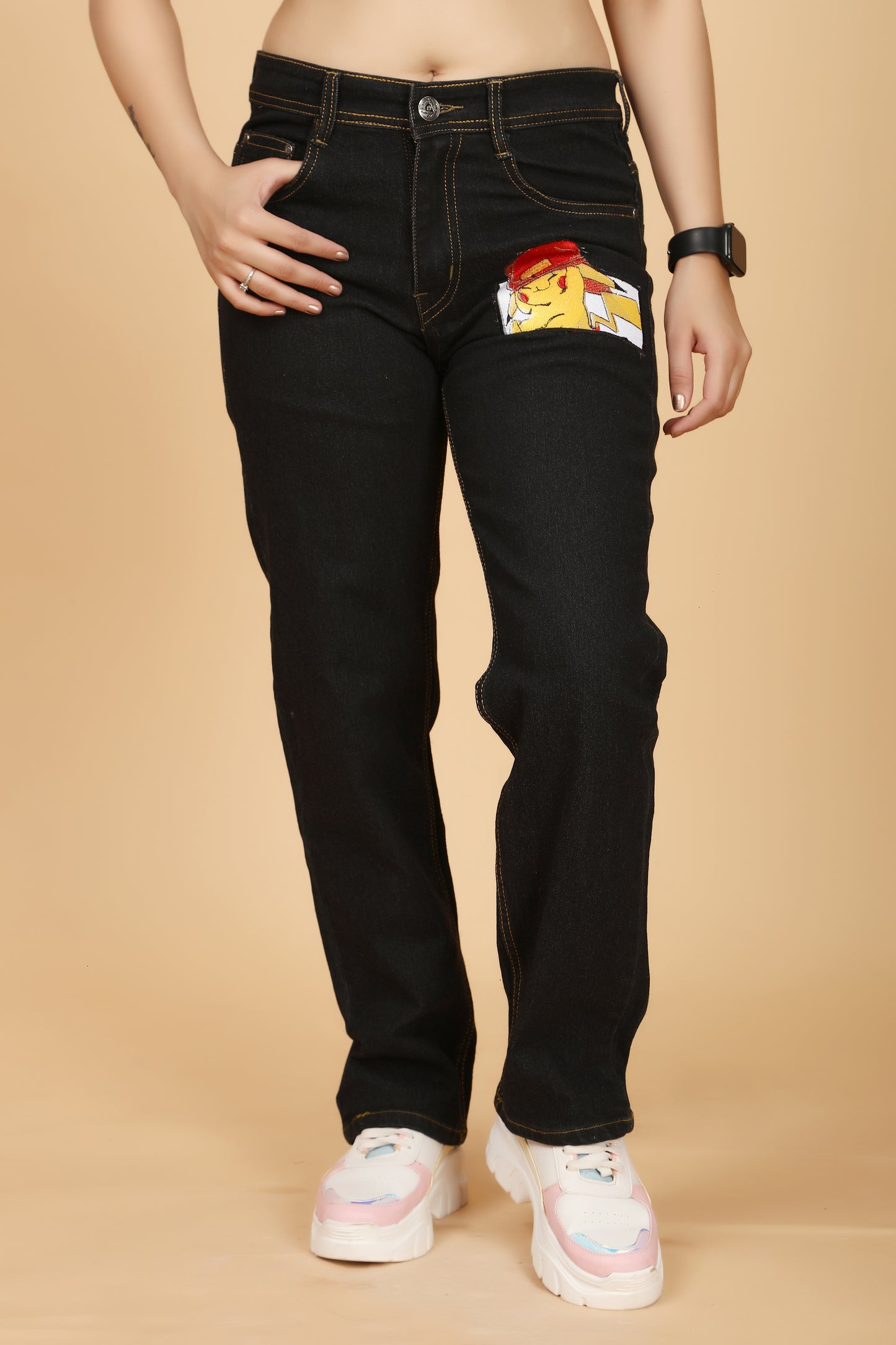 Embroidered Baggy Jeans with Pikachu Design