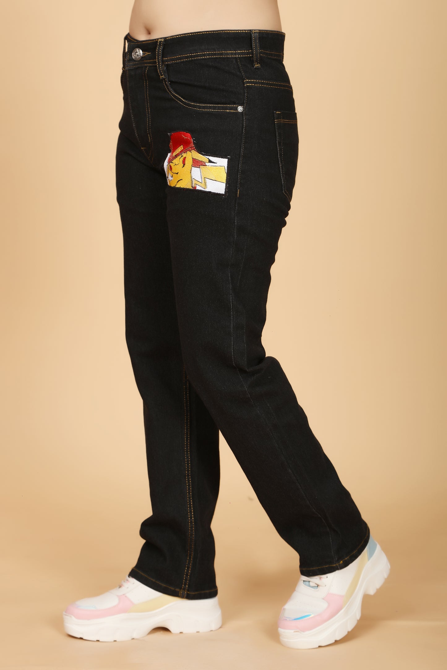 Embroidered Baggy Jeans with Pikachu Design