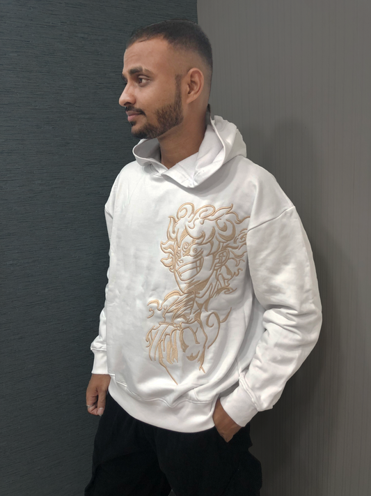 White Hoodie with Gear 5 Luffy Embroidery - 320 GSM