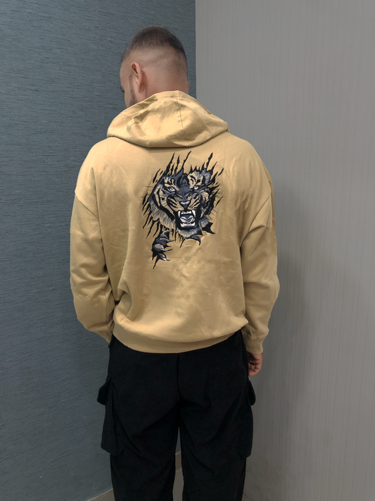 Beige Hoodie with Tiger Embroidery and Puff Print - 320 GSM