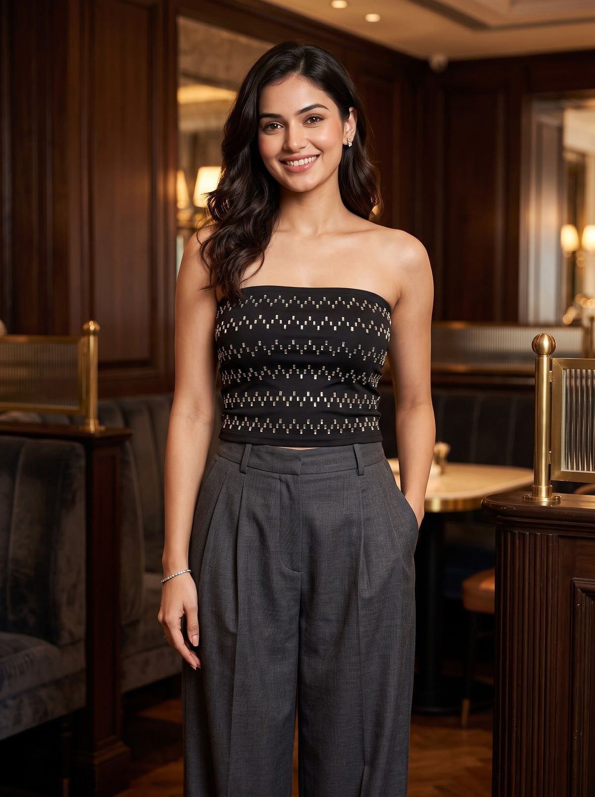 Sequin Smocked Bandeau — Gunmetal