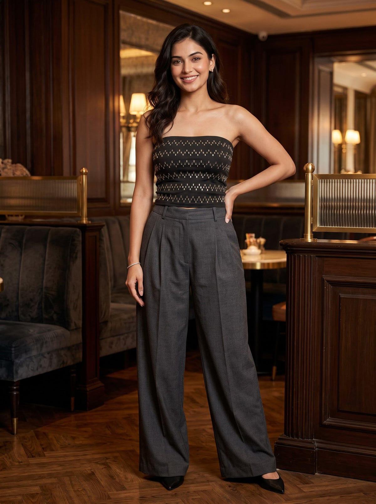 Sequin Smocked Bandeau — Gunmetal