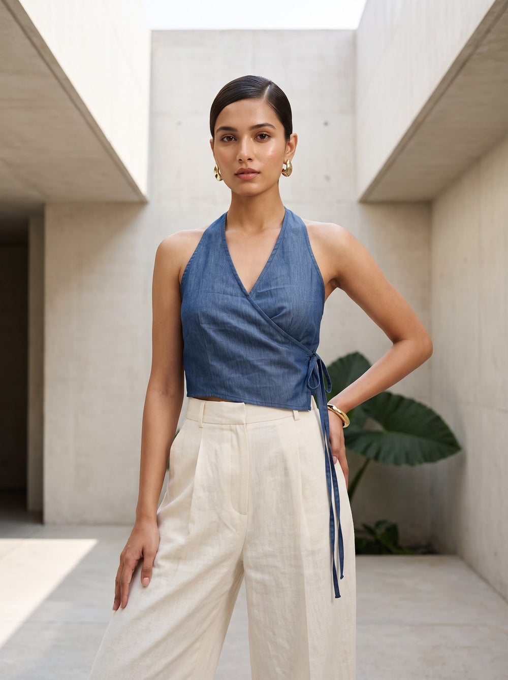 Chambray Wrap Tie Top