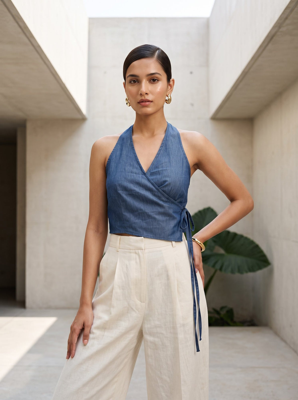 Chambray Wrap Tie Top