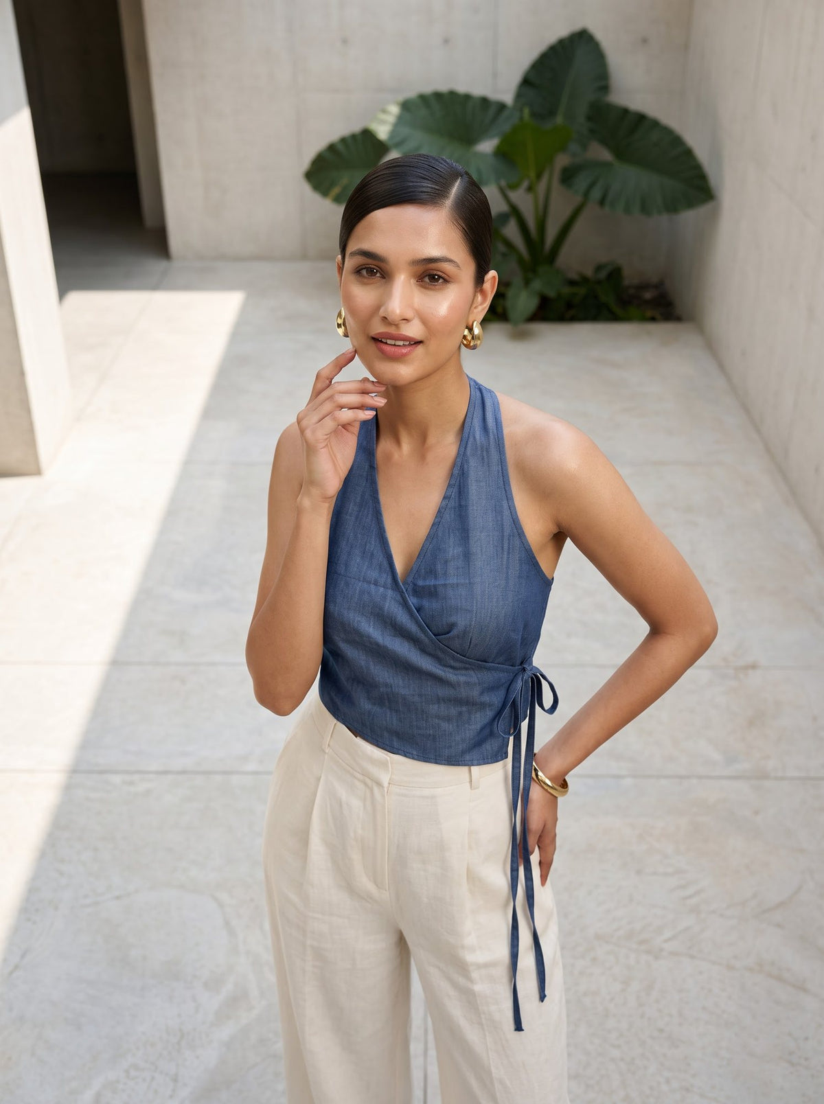 Chambray Wrap Tie Top