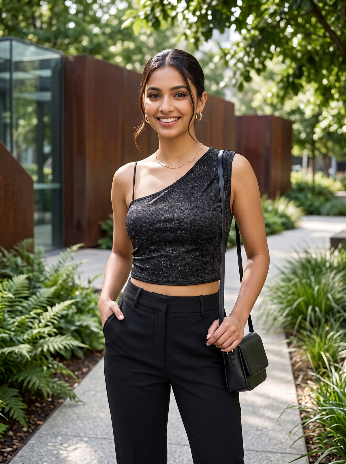 One-Shoulder Crop Top — Charcoal