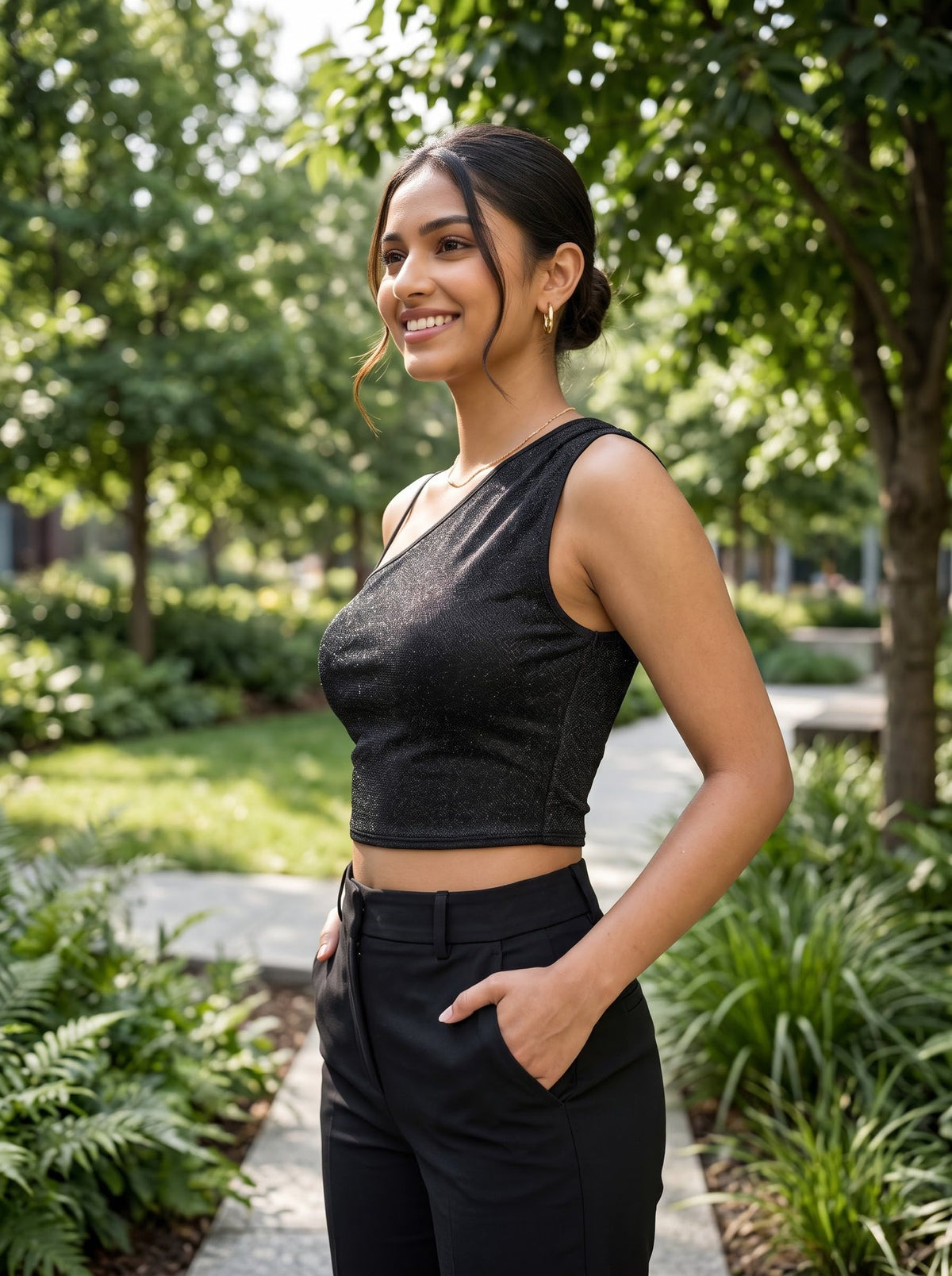 One-Shoulder Crop Top — Charcoal