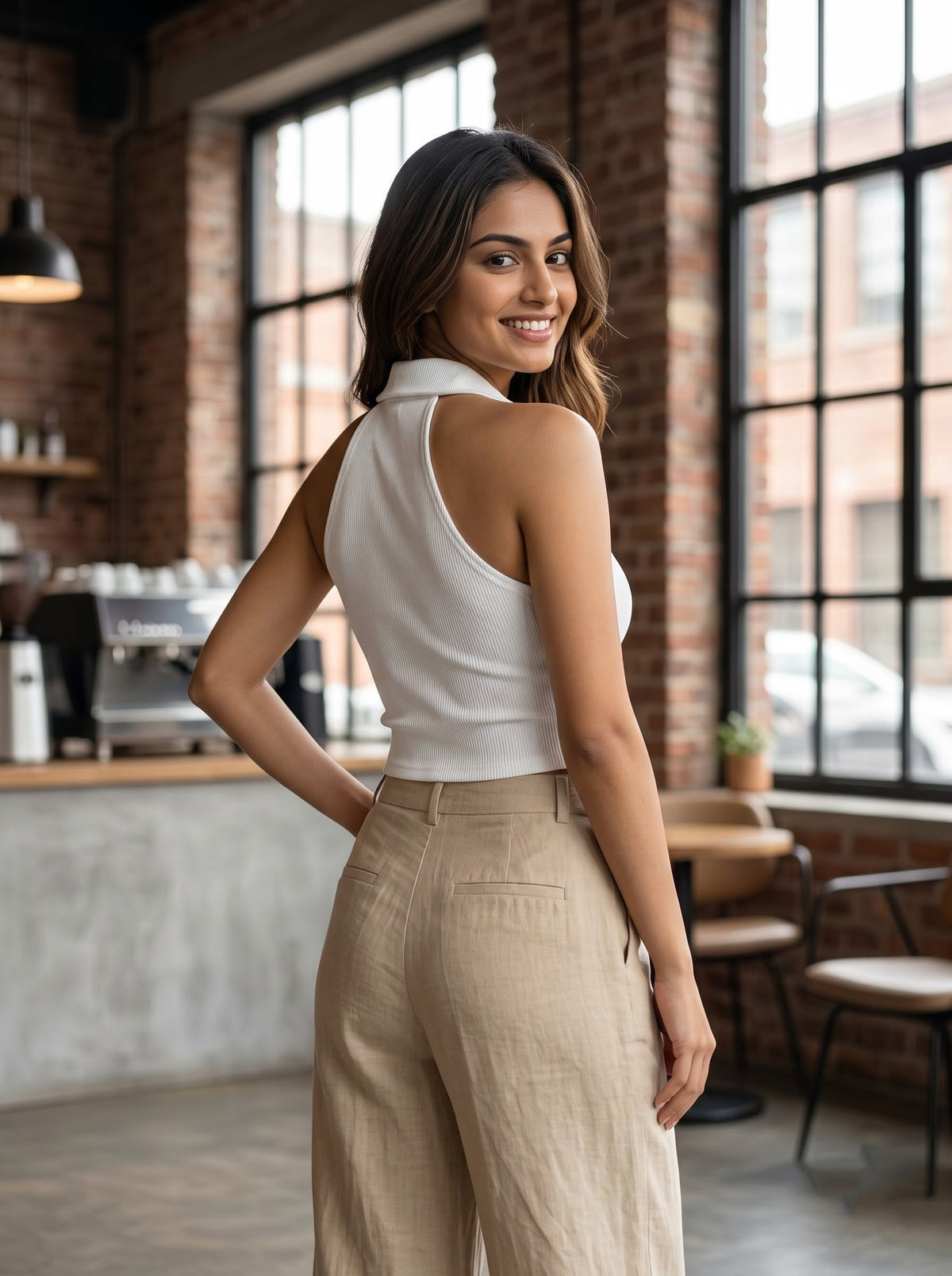 Ribbed Button-Front Polo Top — White