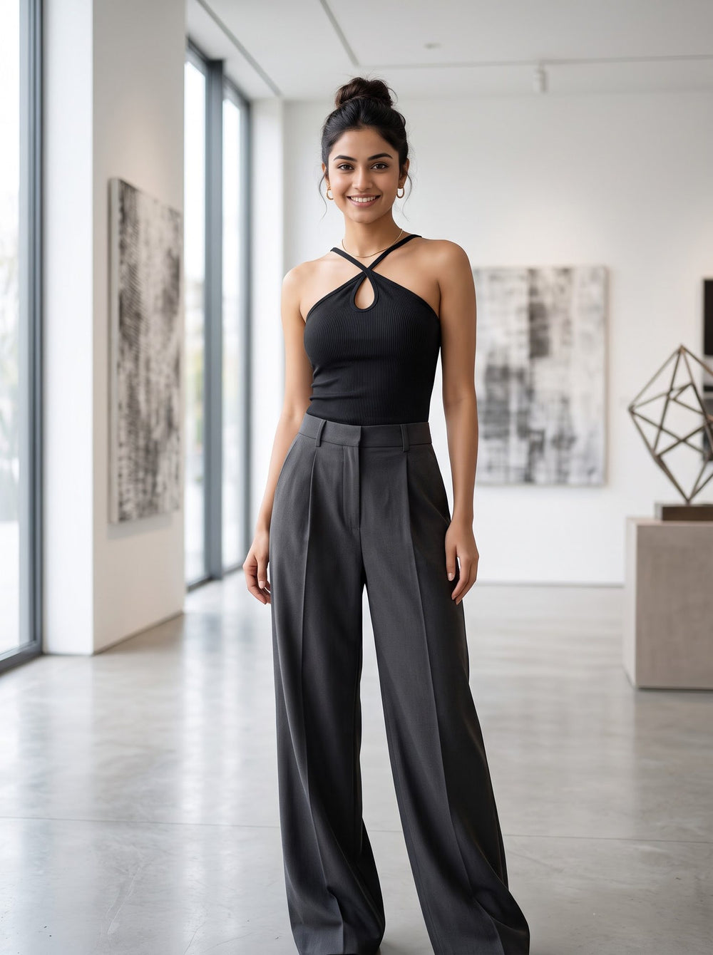 Ribbed Cross-Halter Top — Black