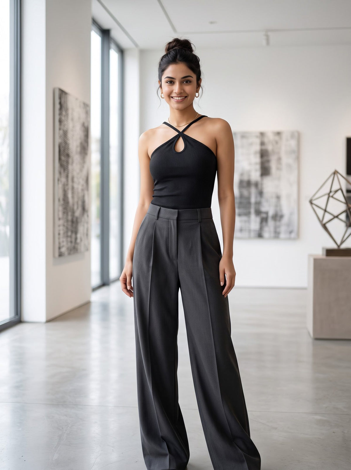 Ribbed Cross-Halter Top — Black