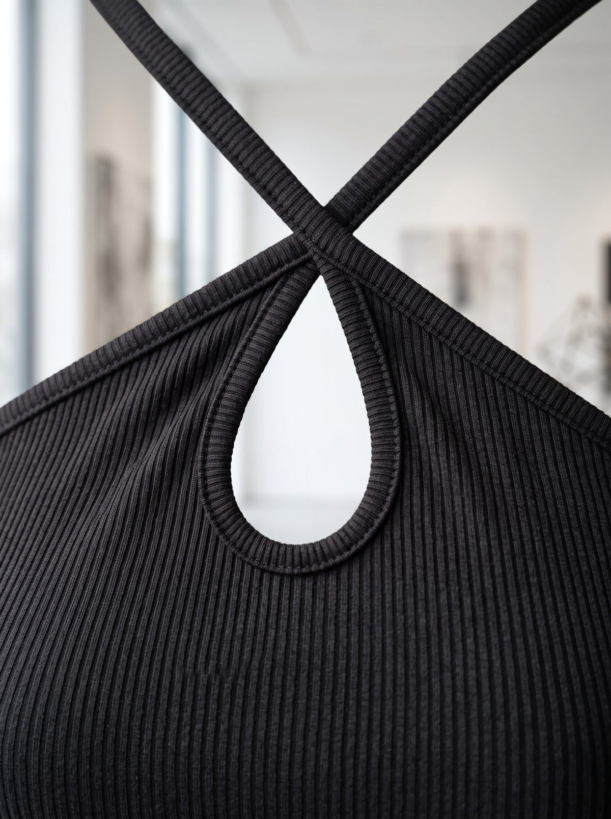 Ribbed Cross-Halter Top — Black