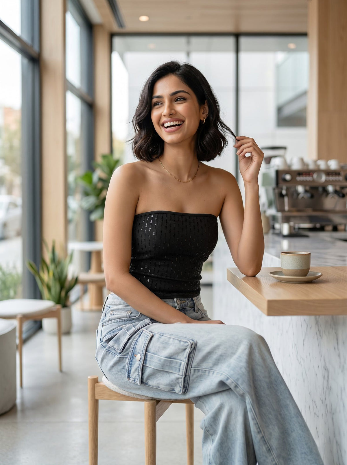 Sequin Bandeau Tube Top — Black