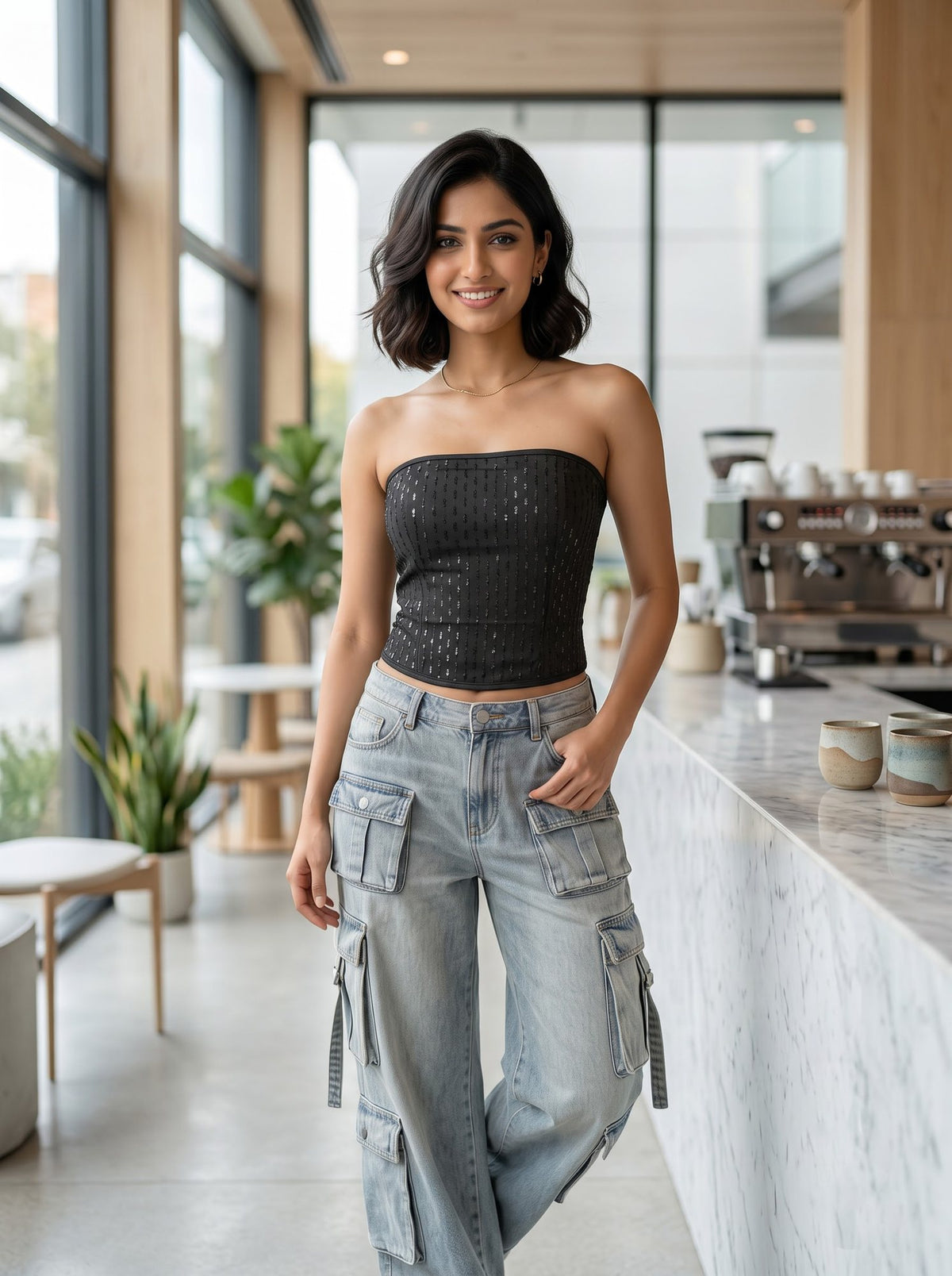 Sequin Bandeau Tube Top — Black