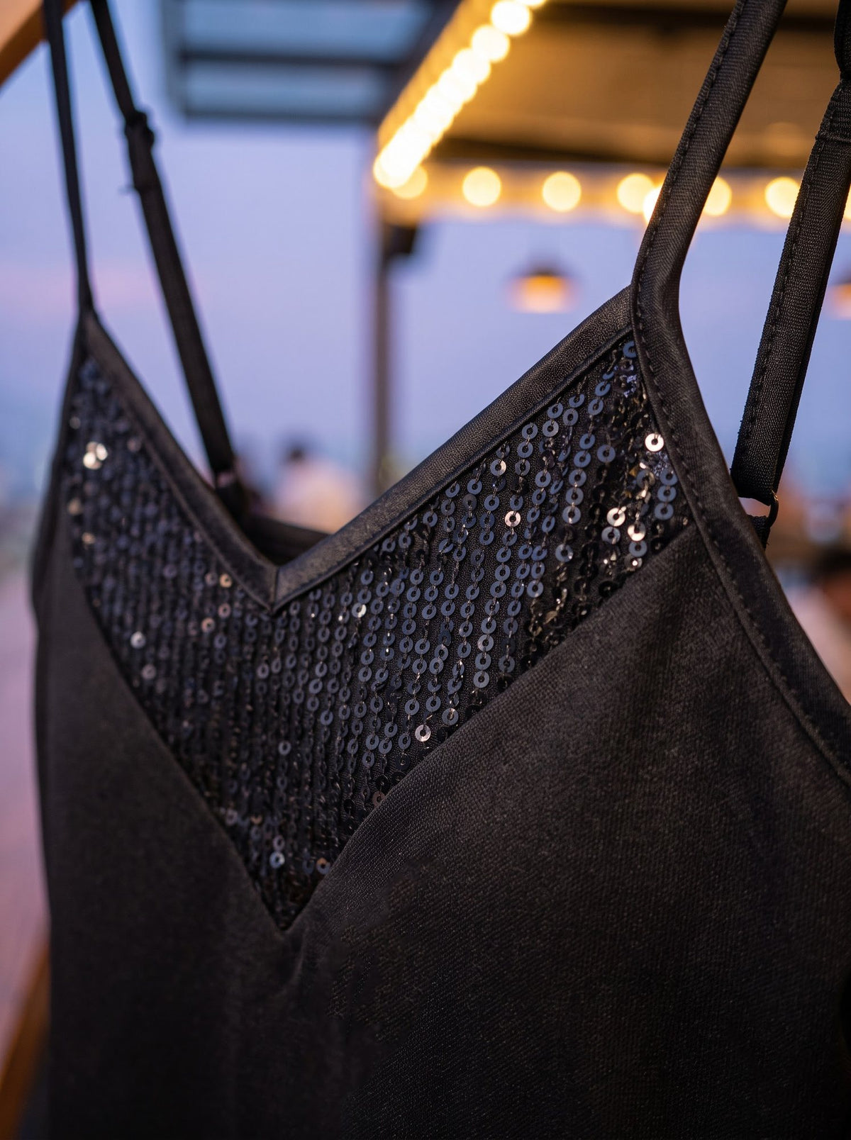 Sequin V-Neck Cami — Black