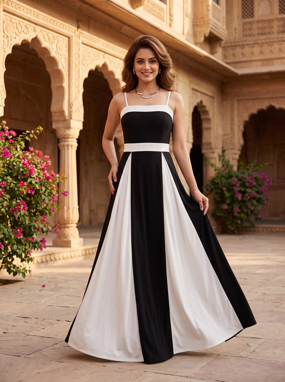 Colourblock Panel Maxi Dress — Black & White