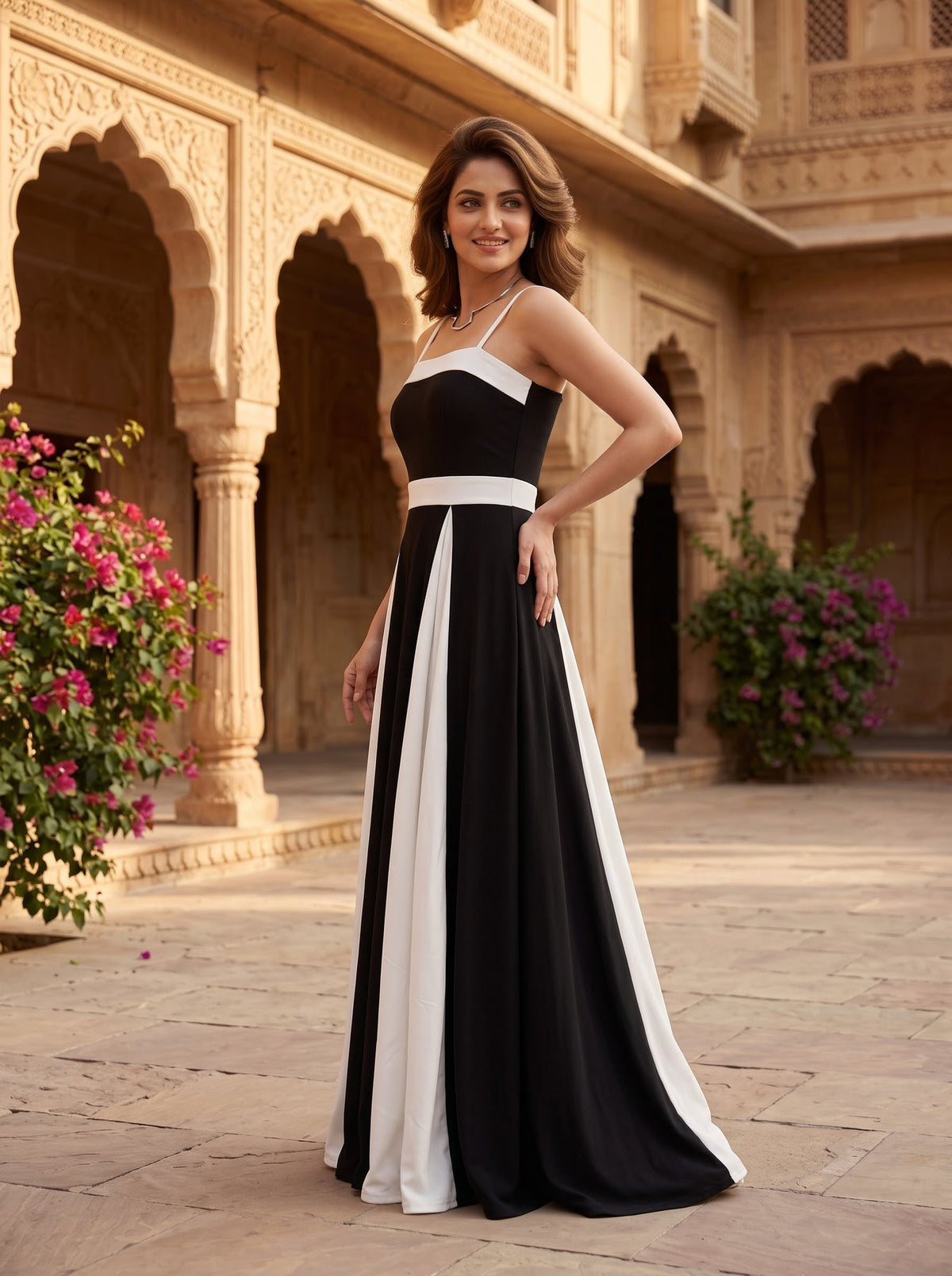 Colourblock Panel Maxi Dress — Black & White