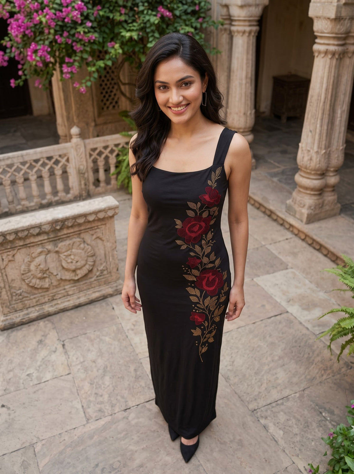 Rose Embellished Maxi — Black