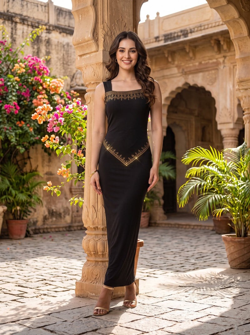 Gold Yoke Rhinestone Maxi — Black