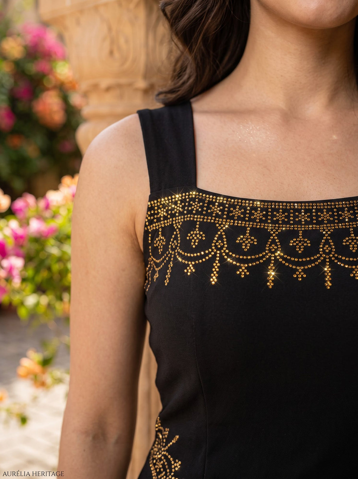 Gold Yoke Rhinestone Maxi — Black