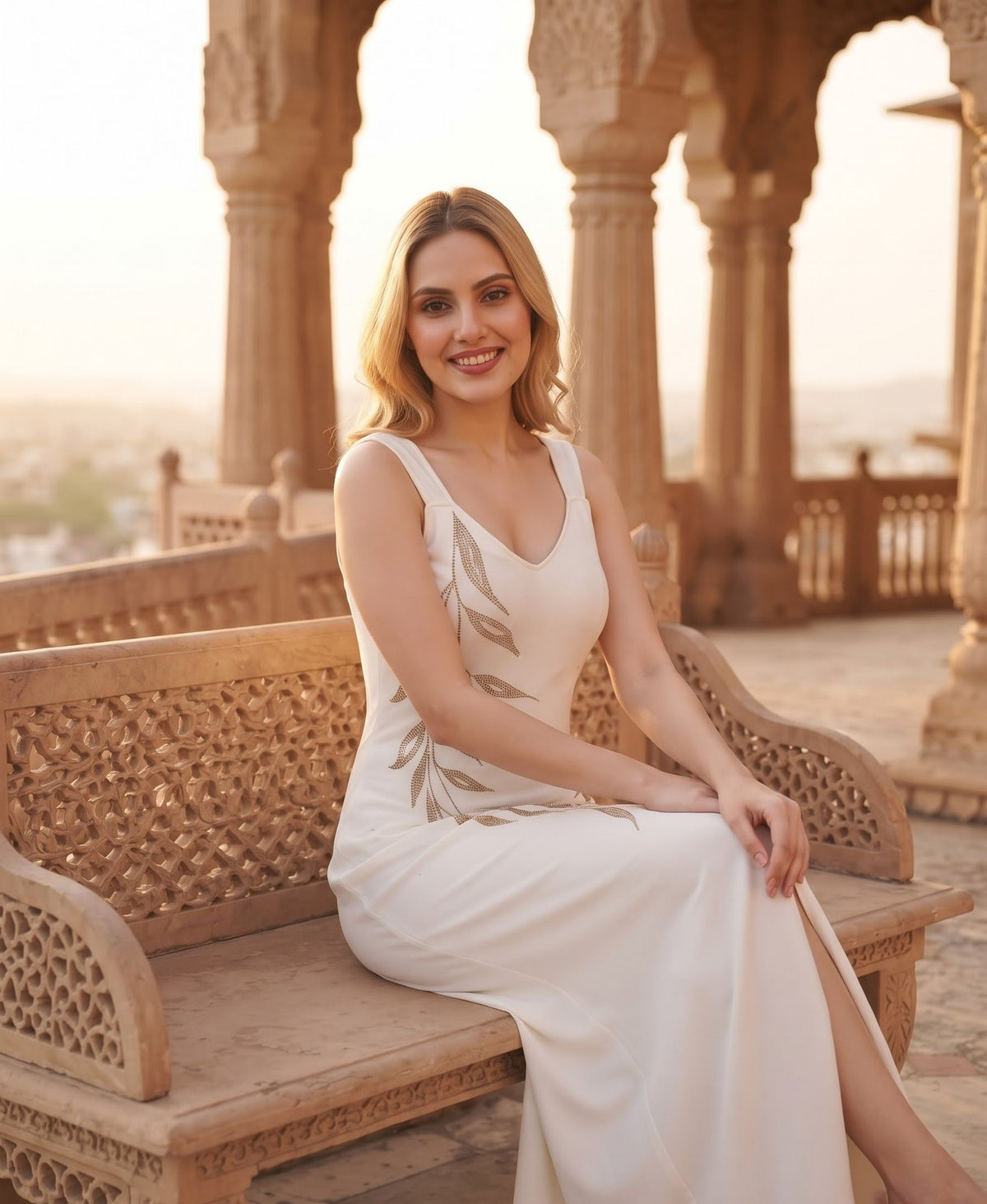 Feather Motif Maxi with Slit — White
