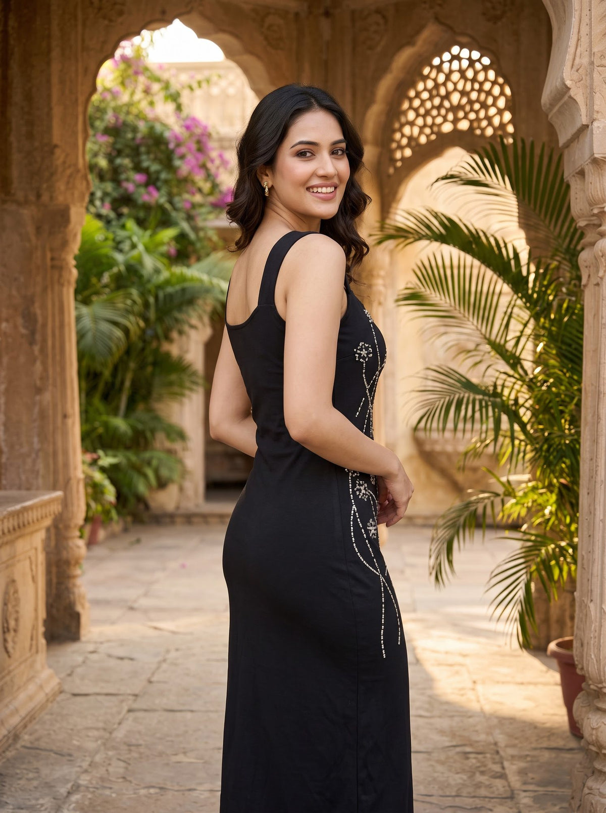 Side Embellished Column Maxi — Black