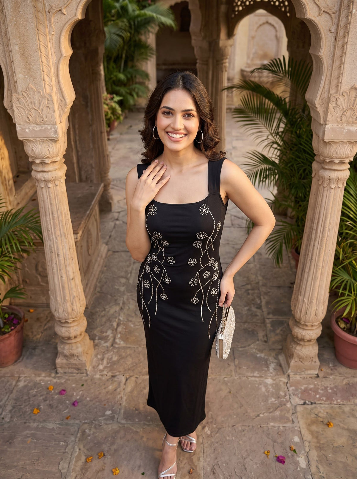 Side Embellished Column Maxi — Black