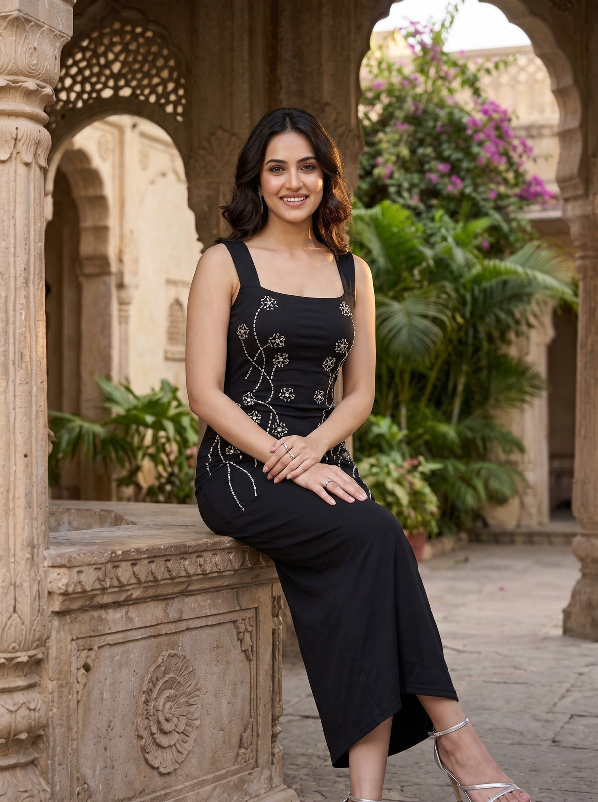 Side Embellished Column Maxi — Black