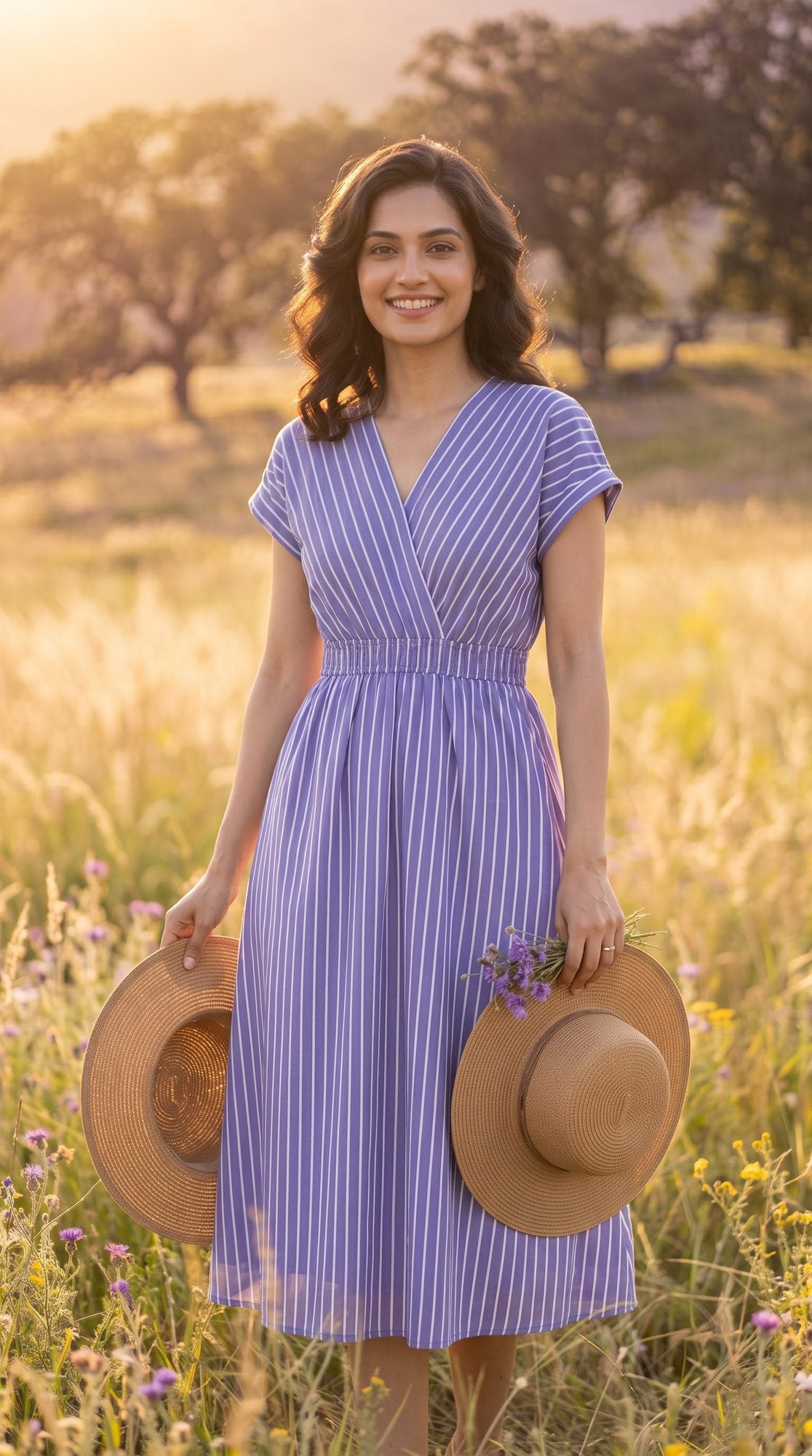 Lavender Pinstripe V-Neck Midi Dress