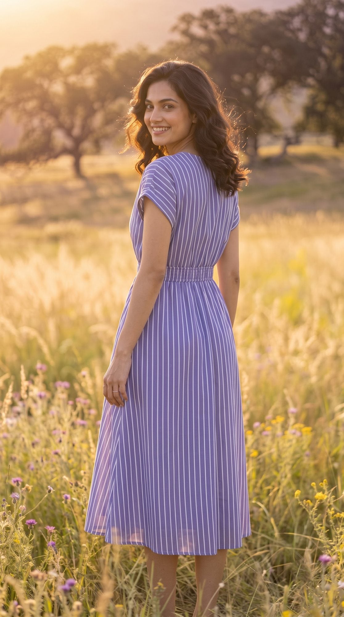 Lavender Pinstripe V-Neck Midi Dress