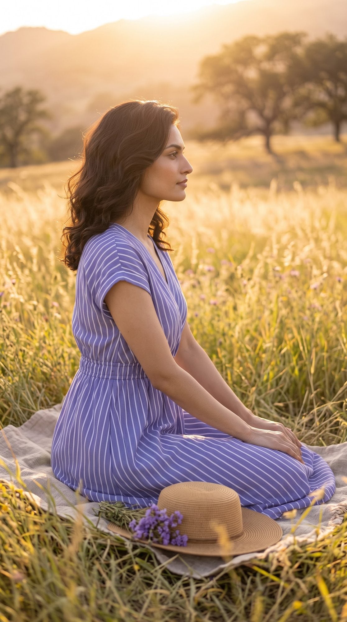 Lavender Pinstripe V-Neck Midi Dress