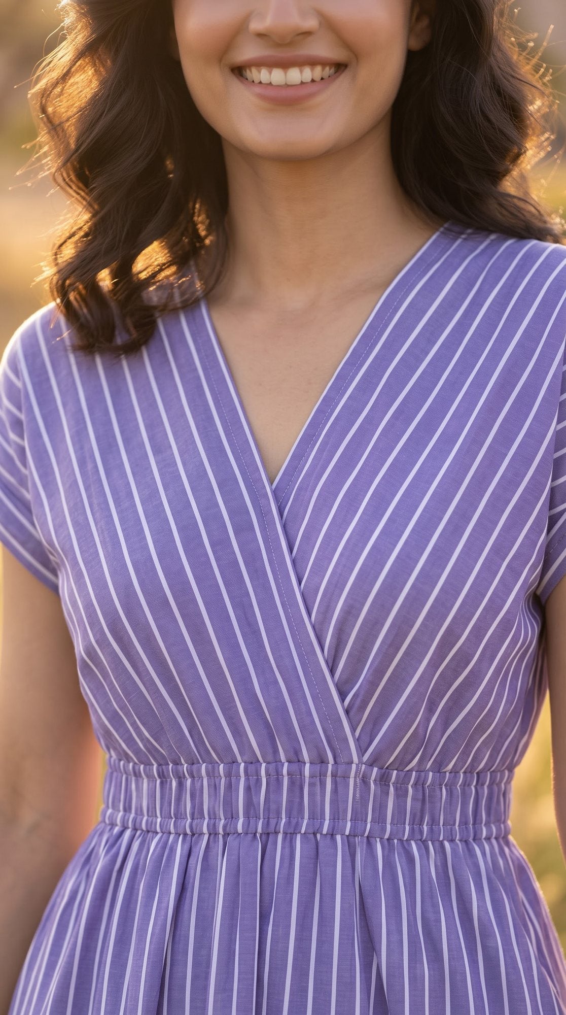 Lavender Pinstripe V-Neck Midi Dress