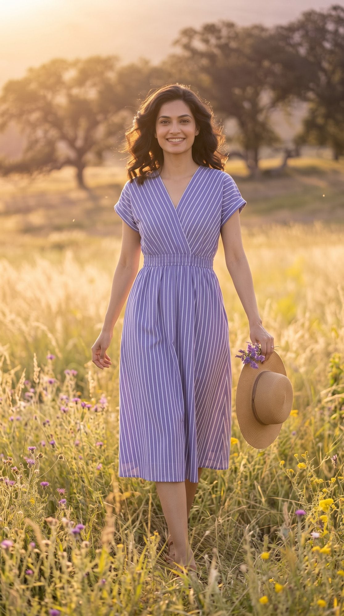 Lavender Pinstripe V-Neck Midi Dress