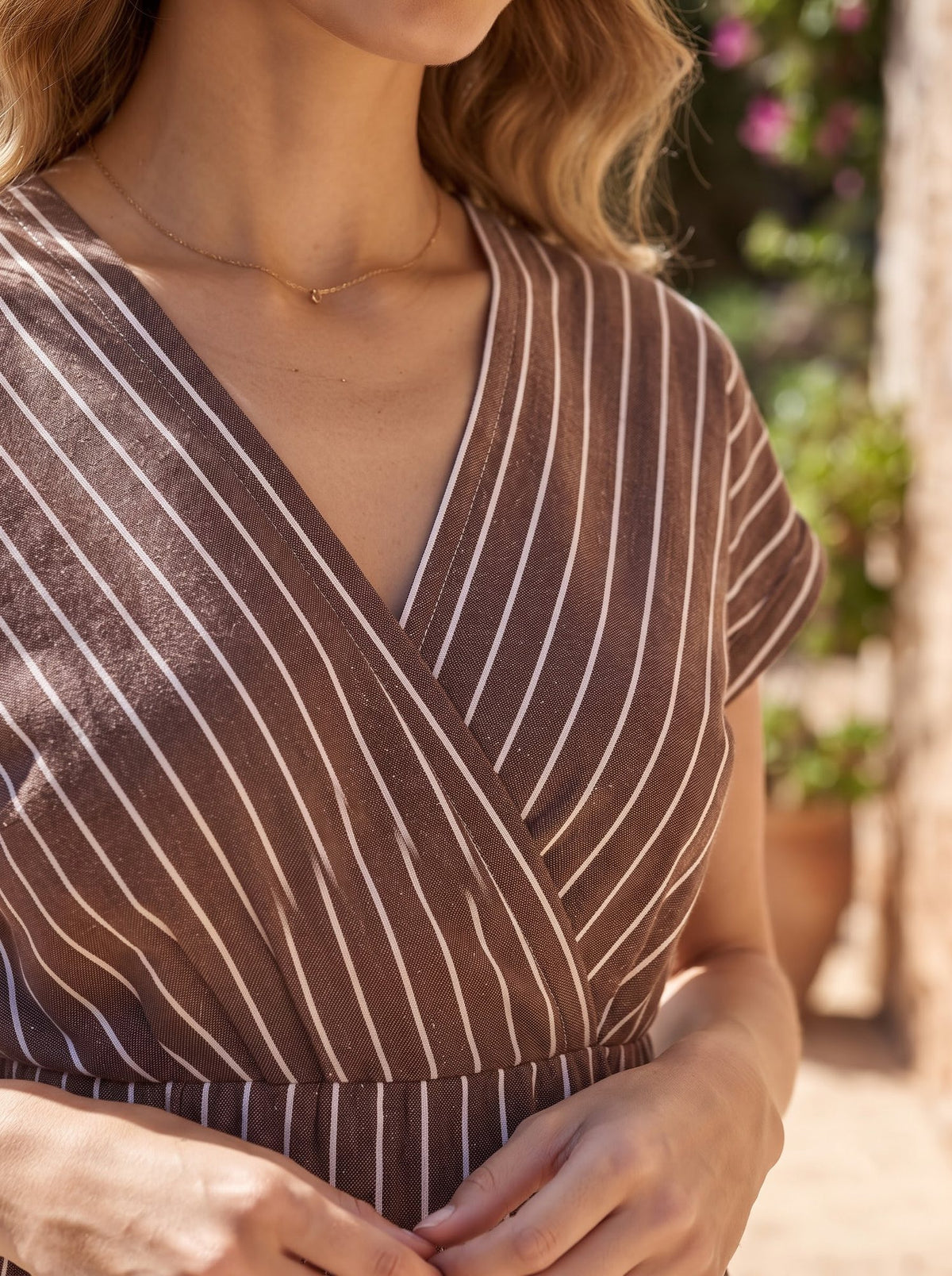 Cocoa Stripe V-Neck Midi Dress