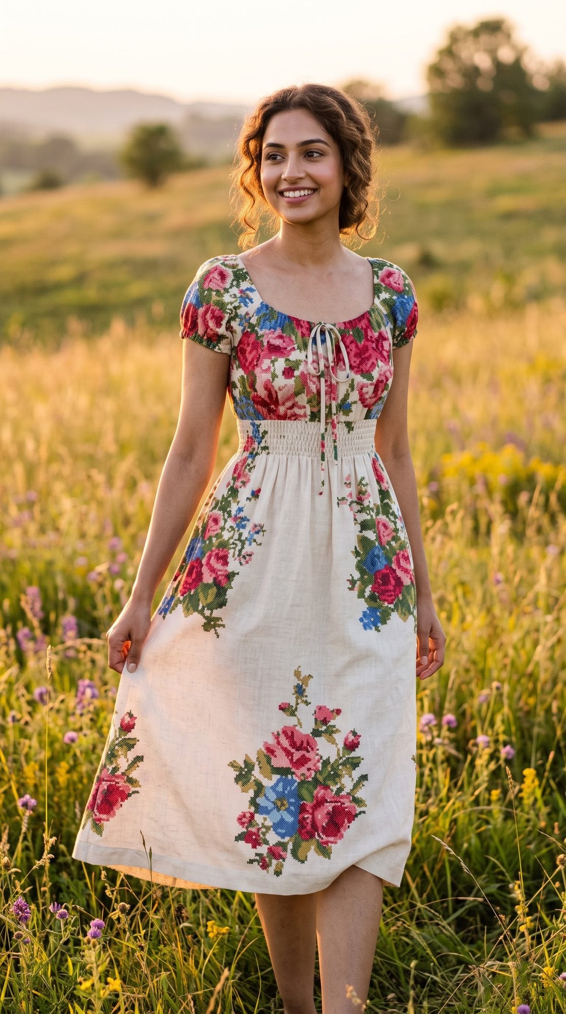 Floral Border Puff-Sleeve Midi Dress — Cream