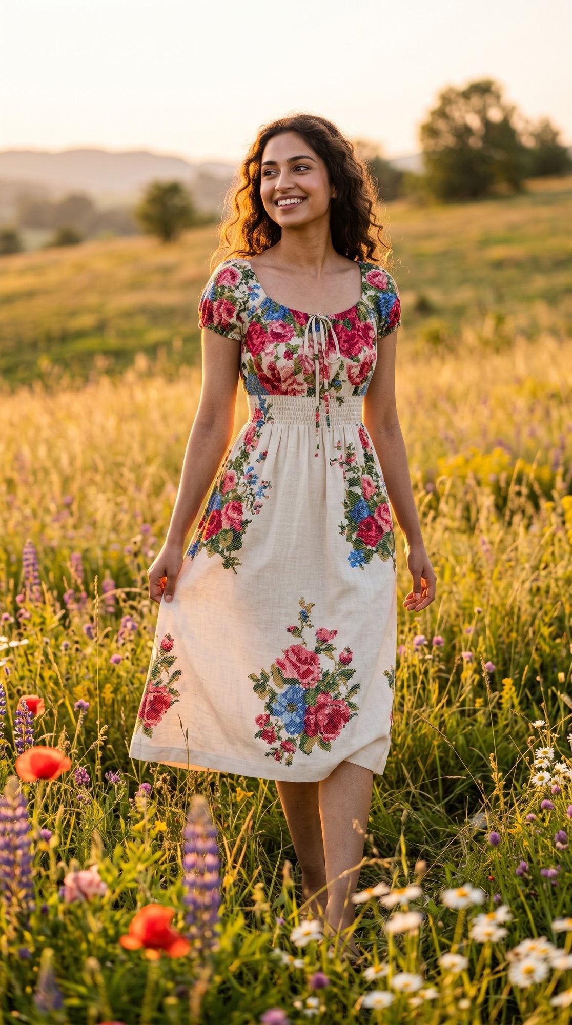 Floral Border Puff-Sleeve Midi Dress — Cream
