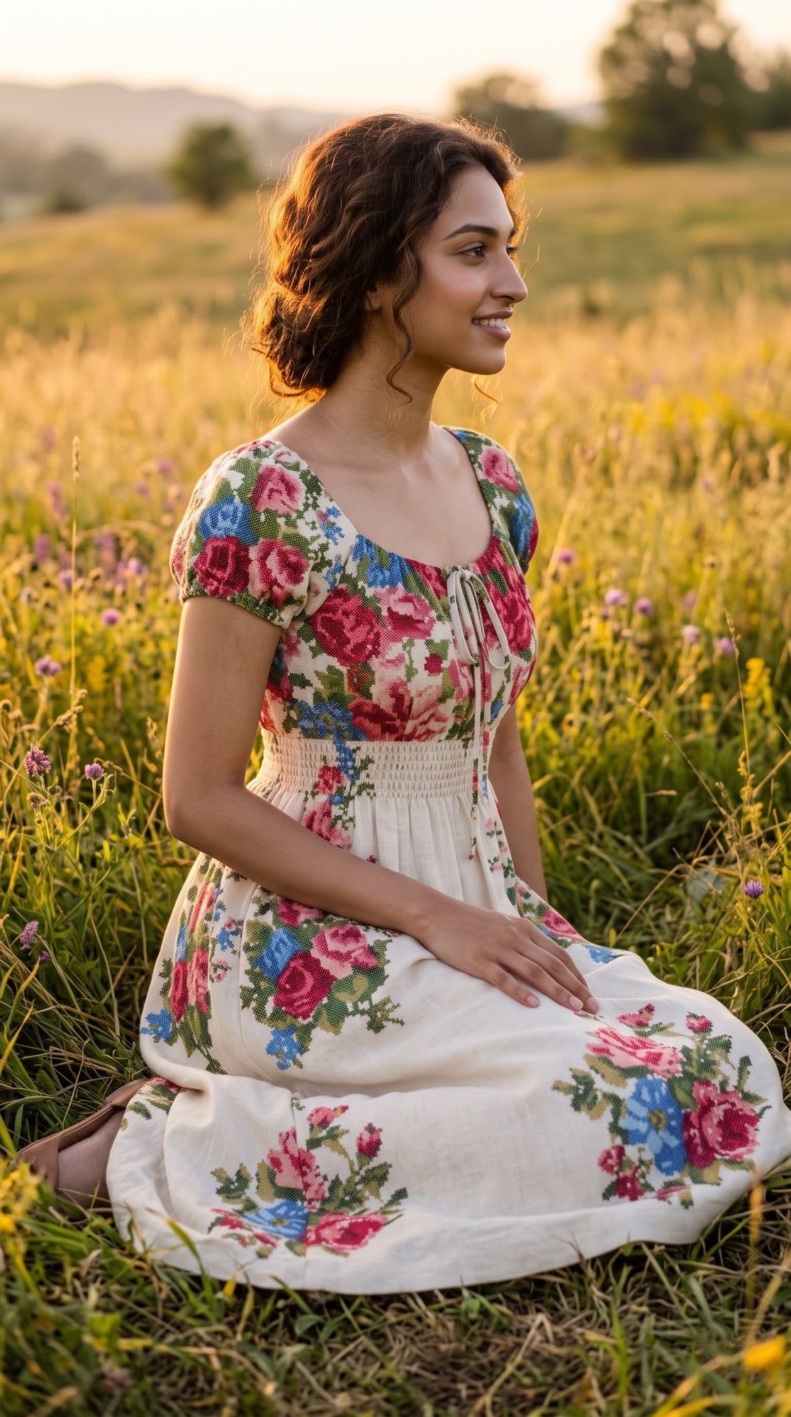Floral Border Puff-Sleeve Midi Dress — Cream